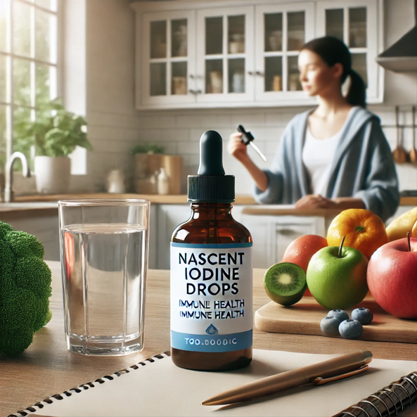 Nascent Iodine Drops for Immune Health Support Nascent iodine drops bottle on a kitchen counter with fresh fruits and a glass of water, symbolizing immune health support